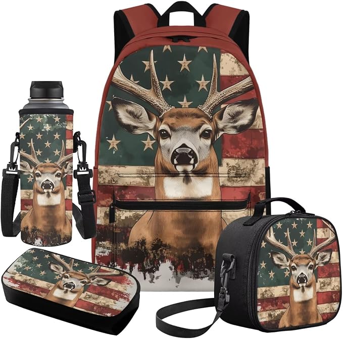 American Deer Backpack for School Kids Boys Bookbag with Lunch Box 4-in-1 Set, Boys Backpack 10-12 Years Old, Adjustable Straps 6th 5th Grade Backpacks for Girls School Bag Gifts Set - Image 2