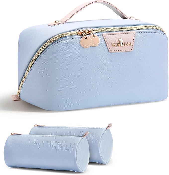 Travel Makeup Bag for Women: 3-in-1 Large Capacity Cosmetics Organizer with 2 Detachable Pouch - Vegan Leather Flat Open Toiletry Bag - Travel Essentials for Full-Sized Bottles(Light Blue) by Unknown