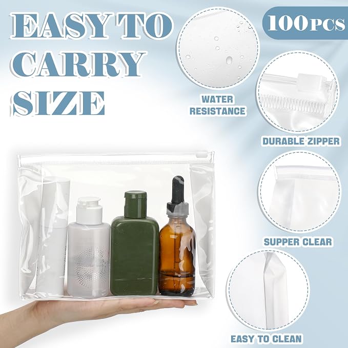 Xuniea 100 Pcs Mini Clear Makeup Bag PVC Small Travel Toiletry Organizer Pouches Bulk Waterproof Transparent Plastic Cosmetic Bag with Zipper for Women Men Travel (11'',9.8'',7.9'',5.9'') - Image 3