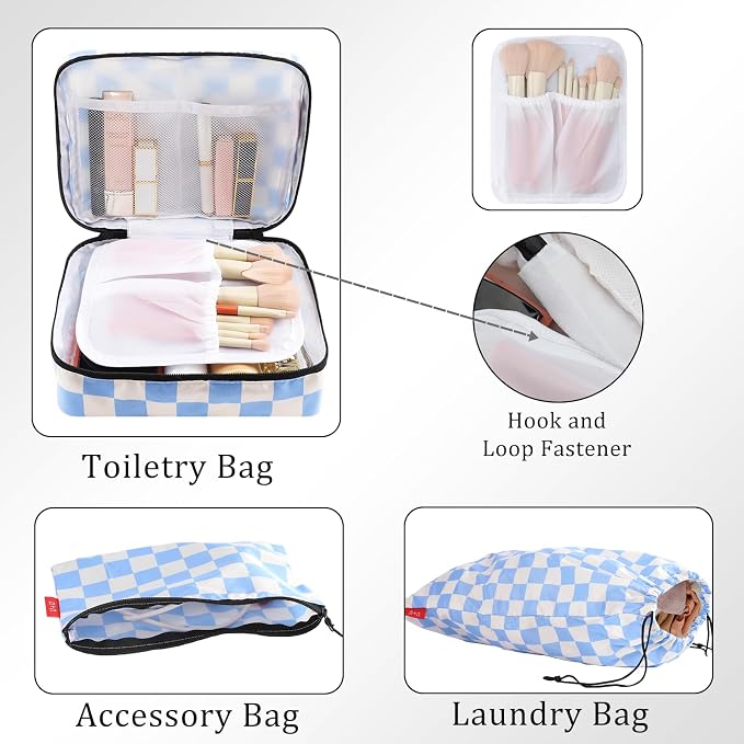 U+U 8 Set Compression Packing Cubes - Ultralight Travel Organizers with Laundry Bag and Cosmetic Bag, Space-Saving Suitcase Organizer for Travel, Business Trip and Family Vacation (Blue Checkered) - Image 4