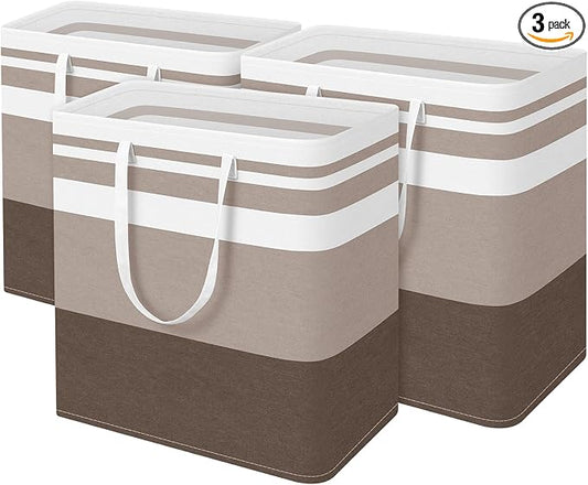 BlissTotes 3-Pack Laundry Basket, Freestanding＆Waterproof Laundry Hamper, Collapsible Tall Clothes Hamper with Easy Carry Handles for Clothes, Towels in the Family and Dorm,Gradient Khaki,100L by BlissTotes