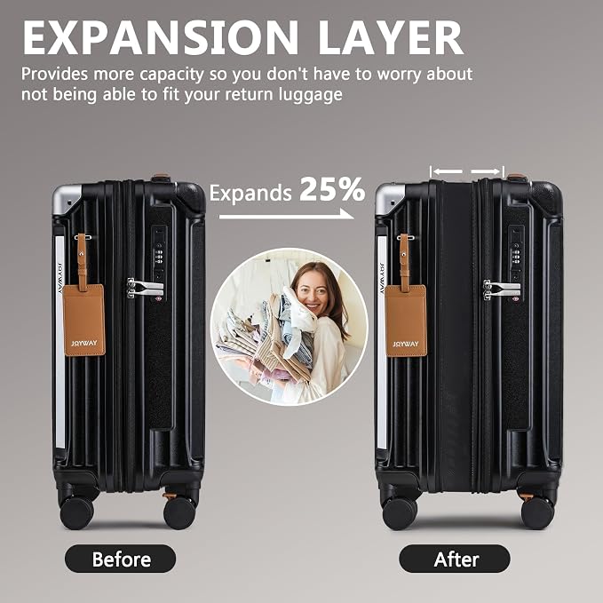 Joyway 20in Carry On Luggage with Cup Holder and USB Port, 25% Expandable Capacity, Smart Suitcase with Anti Slip Wheels and Backpack, Perfect for Men and Women 3 Piece Set Black - Image 3