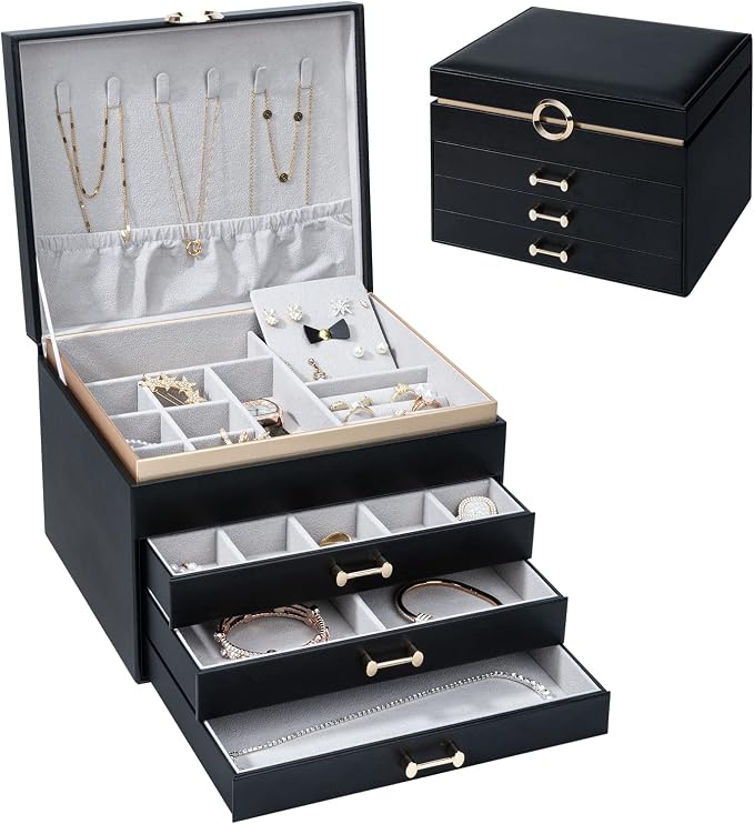 Jewelry Boxes for Women, Large Jewelry Storage Boxes, 4-Layer Leather Jewelry Organizer with 3 Drawers, Jewelry Display Case Gift for Women Girls, Black - Image 2