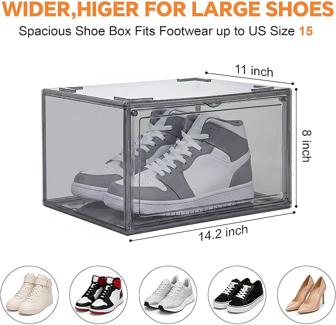 MMBABY 12 Pack Acrylic Shoe Boxes– Ultra Clear Plastic Stackable Sneaker Storage For Sneakerhead. Professional Grade Shoe Display Case with Magnetic Door.Fits US Size 15 (Grey-Side Open) - Image 2