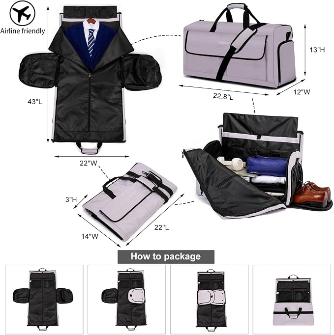 Travel Garment Bag Suit Bags for Men with Shoulder Strap & Shoes Compartment, Water Resistant Carry On Garment Duffle Bag - 2 in 1 Hanging Suit Garment Bags for Travel, Grey - Image 2