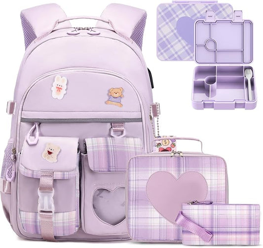 ACESAK Girls Backpack - Bento Box with Insulated Lunch Bag Pencil Case & Utensils Set for Kids, 6 Leakproof Compartments Removable Tray Lunches or Snack Container for School (Purple) by ACESAK