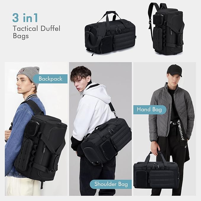 Tactical Gym Bag for Men 40L Sports Duffel Bags 3 in 1 Travel Duffel Bag with Shoe Compartment Waterproof Workout Backpack Carry On Bag for Overnight Weekender Travel Black - Image 3