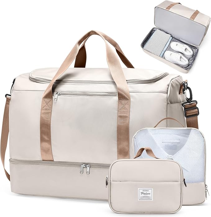 Extra Large Travel Duffel Bag, Carry-On Weekender Bags for Women Travel | Overnight Weekend Bag with Shoes Compartment for Travel Business Trips Sport Hospital,3 Pcs Set,Beige & Brown by SYCNB