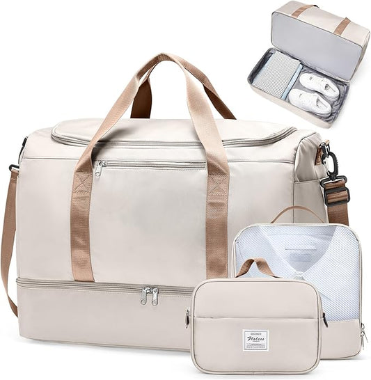 Extra Large Travel Duffel Bag, Carry-On Weekender Bags for Women Travel | Overnight Weekend Bag with Shoes Compartment for Travel Business Trips Sport Hospital,3 Pcs Set,Beige & Brown by SYCNB