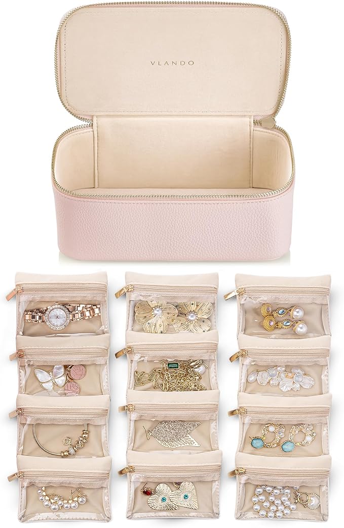 VLANDO Jewelry Box Organzier for Travel,Graduation Gifts for Daughter,Jewelry Case with 12 Pcs Velvet Jewelry Bags for Earrings Necklace Rings,Valentine's Day,Birthday, Wedding Gift for Wome-Pink by VLANDO