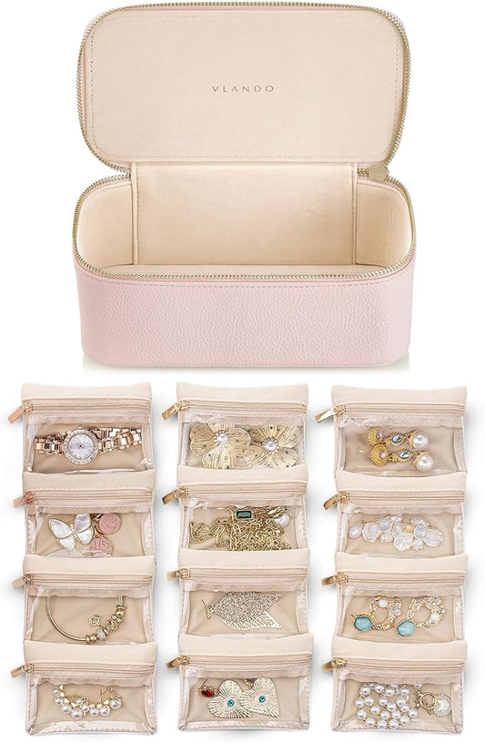 VLANDO Jewelry Box Organzier for Travel,Graduation Gifts for Daughter,Jewelry Case with 12 Pcs Velvet Jewelry Bags for Earrings Necklace Rings,Valentine's Day,Birthday, Wedding Gift for Wome-Pink by VLANDO