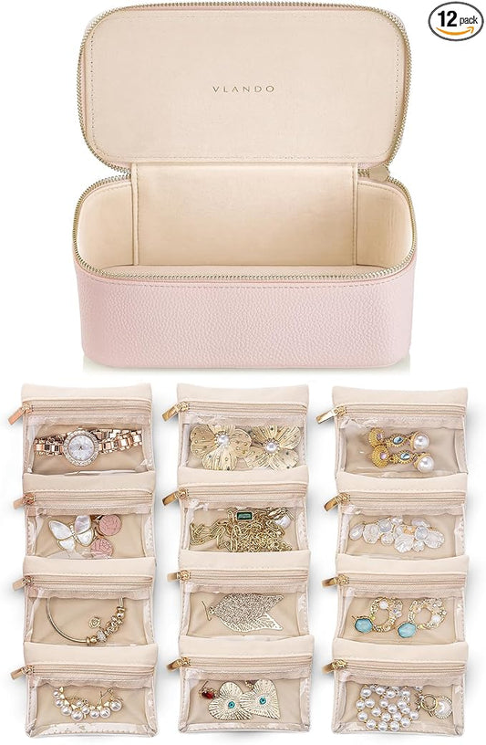 VLANDO Teacher Gifts for Women,Jewelry Box with 12 Velvet Jewelry Bags Travel Jewelry Case for Girls Jewelry Organizer for Travelers Birthday Gift Ideas for Women (Pink) by VLANDO