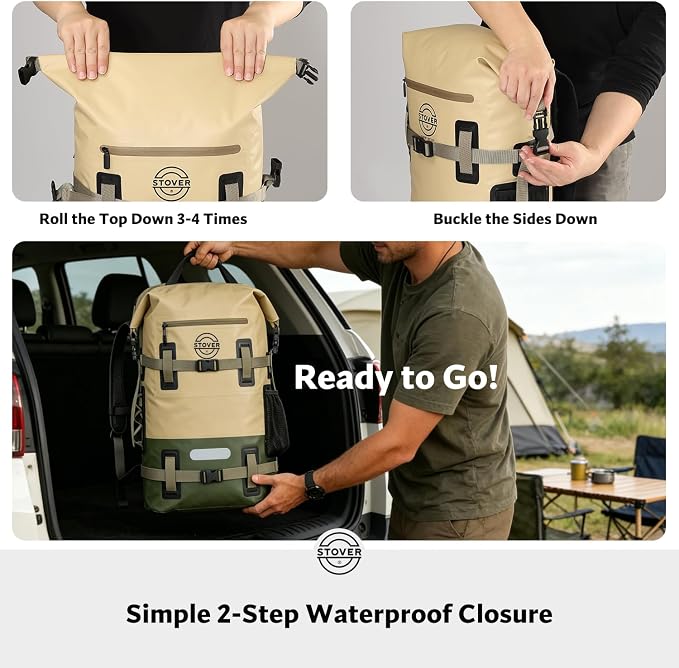 STOVER 40L Waterproof Dry Backpack & Phone Case - X-Large Floating Dry Bag for Kayaking, Travel, Hiking, Fishing, Camping, Motorcycles & Beach, Heavy-Duty Roll Top Men/Women (Tan/Army Green/Brown) - Image 7