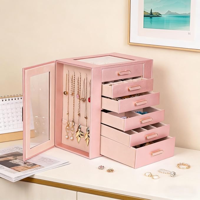 BOOVO Clear Lid Jewelry Box,6 Layers Jewelry Organizer Large Jewelry Storage Box with 6 Drawers,Jewelry Holder Organzier of Rings Earrings Necklace Bracelets for Women (Rose Gold, 6 Layer) - Image 5