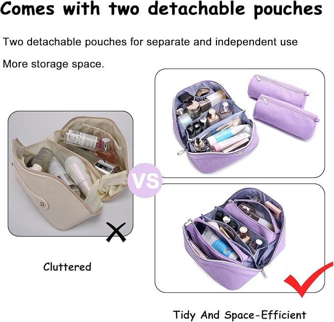 BOYATU Travel Makeup Bag for Women: Cosmetic Organizer Bag with Compartments - Leather Make up Bags Set of 3 (G-1-Purple) - Image 6