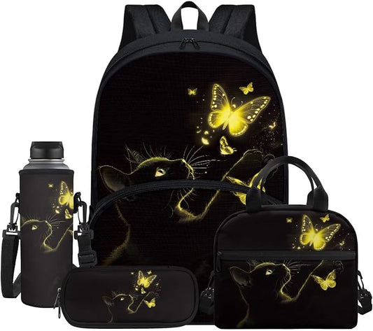 Black Cat Yellow Bling Butterfly Student Backpack Set 4 In 1 School Bag Laptop Backpacks Lunch Bag Pencil Holder Pouch Bag Daypack for Preschool Kindergarten Elementary Middle School by Jndtueit