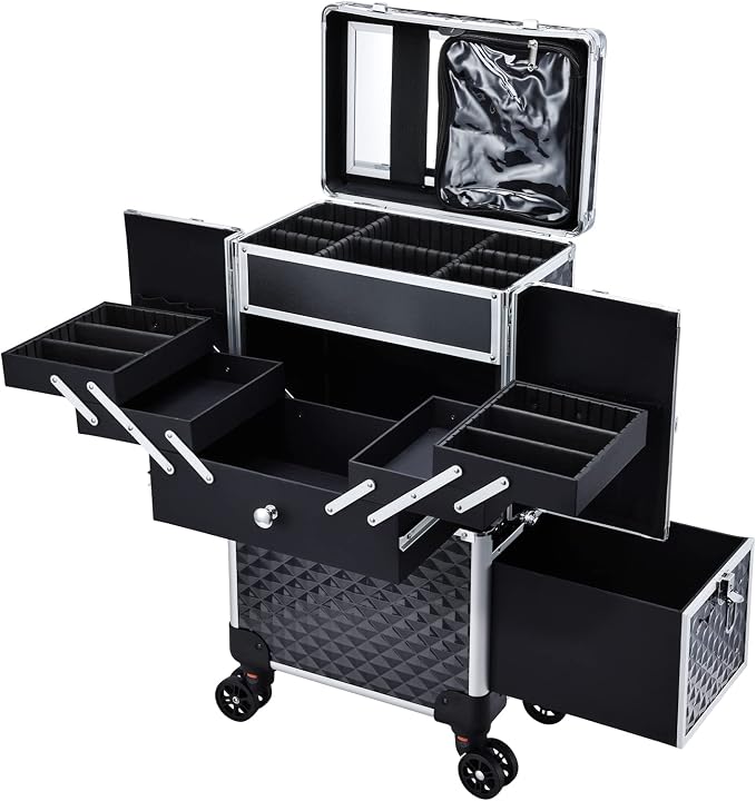 Professional Makeup Train Case Extendable Cosmetology Case on wheels | Rolling makeup station with a drawer and trays, ideal for makeup artists or dance competitions. Super organized. by AdazzoRollingMakeupCase