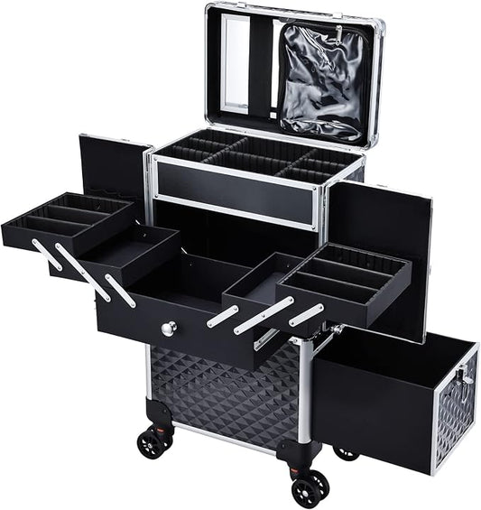 Professional Makeup Train Case Extendable Cosmetology Case on wheels | Rolling makeup station with a drawer and trays, ideal for makeup artists or dance competitions. Super organized. by AdazzoRollingMakeupCase
