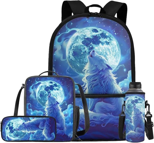 Wolf Backpack for Girls Boys Backpack with Lunch Box Water Bottle Bag and Big Pencil Pouch 4 Pcs Set 17" Lightweight Bookbag with Front Pocket for School Sturdy School Bag for Kids Elementary by ELEDIZI