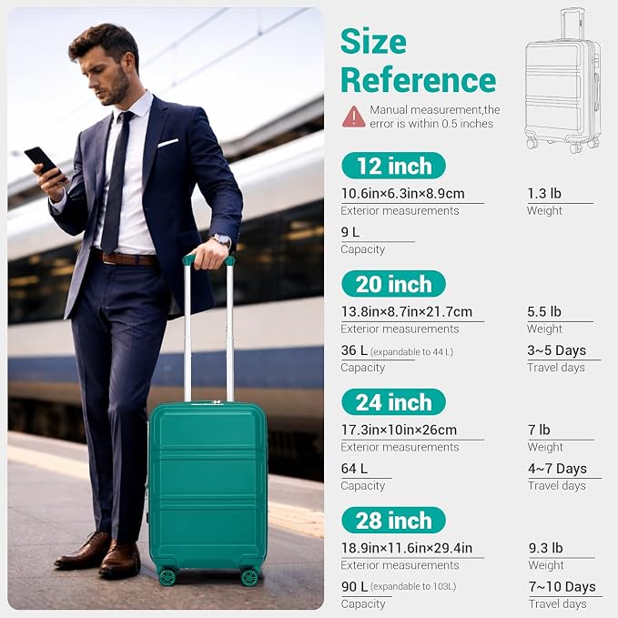 Kono 24 Inch Luggage Suitcase with Spinner Wheels TSA Lock | Lightweight PC+ABS Hardside Medium Checked Luggage Durable Rolling Suitcase Turquoise - Image 8