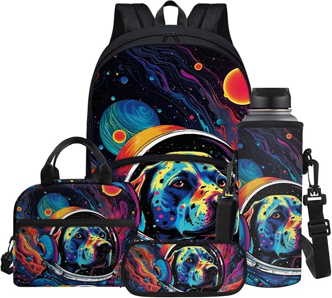 Kids School Bags 17 Inch Backpack Set 4 in 1, Trippy Labrador Astronaut Print Book Bag with Pencil Pen Case/Water Bottle Sleeve/Insulated Thermal Cooler Lunch Box by Glomenade