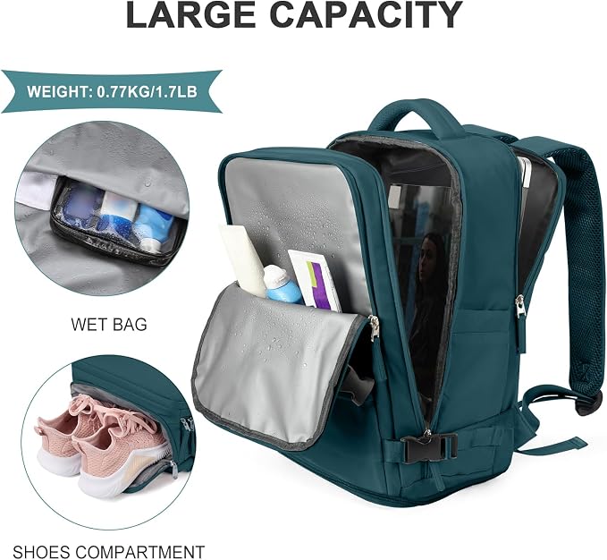 coowoz Travel Backpack For Women Men,Carry On Backpack,Hiking Backpack Waterproof Outdoor Sports Rucksack Casual Daypack Travel Essentials(Peacock Blue) - Image 5
