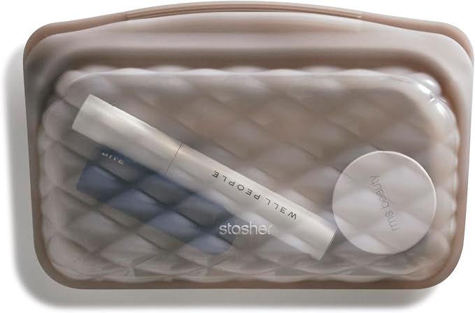 Stasher Silicone Reusable Makeup Bag, Travel Essentials, Makeup Bag Organizer, Dishwasher & Heat Safe, TSA Friendly Toiletry Bags, BPA Free, Leak-free, Eco Friendly, 12 oz, Taupe by Stasher
