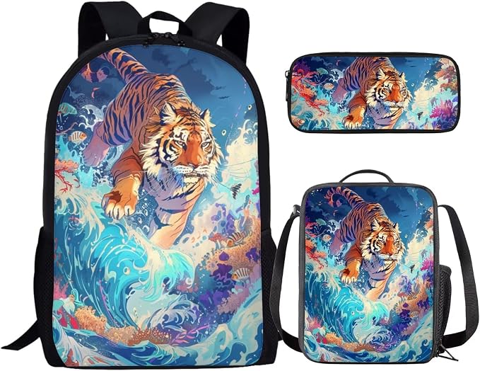 17 Inch Animal Print School Backpack And Lunch Box Set for Kids Lightweight Sea Wave Tiger Backpack for Boys Girls Sturdy School Bag with Insulated Lunchbox Pencil Case Student Bookbag by Parprinty