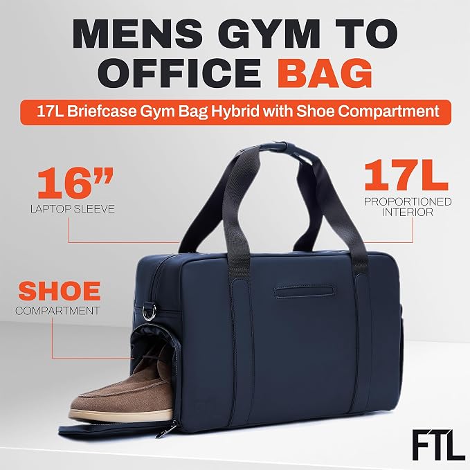 The FTL Lite Mens Gym to Office Bag - 17L Briefcase Gym Bag Hybrid with Shoe Compartment & 16" Laptop Sleeve - Executive Daily Carry & Overnight Duffel for Athletic Business Pros - Essex Blue - Image 2