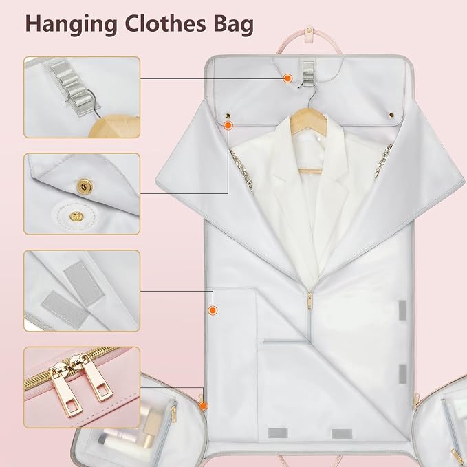 Garment Bags for Travel, Convertible Suit Travel Bag for Women, Fashion & Cute Carry On Garment Bag w/Shoes Pouch, 2 in 1 Foldable PU Leather Hanging Duffle Bag, Single-Zipper Design, Pink - Image 6