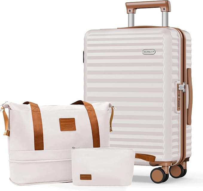 SHOWKOO Suitcase Hardside Expandable Luggage Set, Suitcase with Double Spinner Wheels TSA Lock 3 Piece Set Beige White (DB/TB/24in) by SHOWKOO