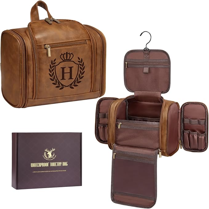 Personalized Mens Large Leather Travel Toiletry Bag Hanging Dopp Kit Grooming with Laser Engraved Initials, Custom Monogrammed Gifts for Groomsmen Groom Boss Friend Brother, Mustard Letter H by Aganmi