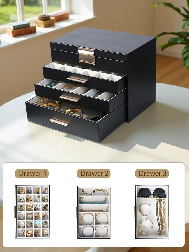 BOOVO Jewelry Boxes for Women, White and Black 6 Layer Large Jewelry Box for Necklace, Bracelet, Earrings, Rings Storage, Jewelry holder Organizer for Girls Gift (Black, 5 Layer) - Image 3