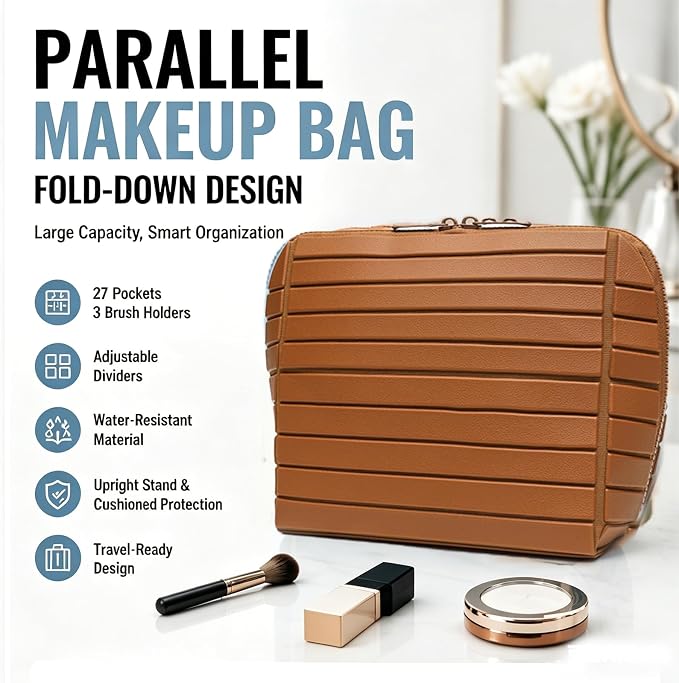 Makeup Bag, Travel Makeup Organizer Bag with Fold-Down Design and Adjustable Dividers, 27 Pockets & 3 Brush Storage Holders, Large Capacity Cosmetic Bags Toiletry Case (Brown) - Image 2