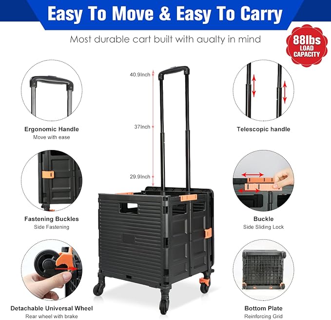 Foldable Utility Cart,Rolling Crate Heavy Duty Shopping Cart with 360° Silent Wheel with Brake System,55L Capacity,Transport Weight up to 177 Pounds,Travel Shopping Moving Luggage Office Use - Image 3