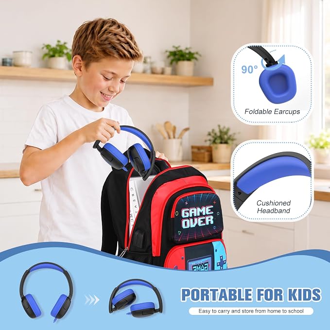 Bevalsa Backpack for Boys, School Bags for Kids with 3.5mm Jack Wired Headphones, Lunch Box & Pencil Case, Gamer Backpack for Kids Children Teens for Elementary Middle School Student (Red Blue) - Image 7