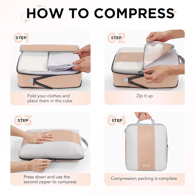 OlarHike 10 Set Compression Packing Cubes for Travel Essentials,Compressible Expandable Space Saver Bags for Organizing Clothes,Luggage Suitcase Garment Bags with Over 1000 pcs Mesh Holes(Gold) - Image 3