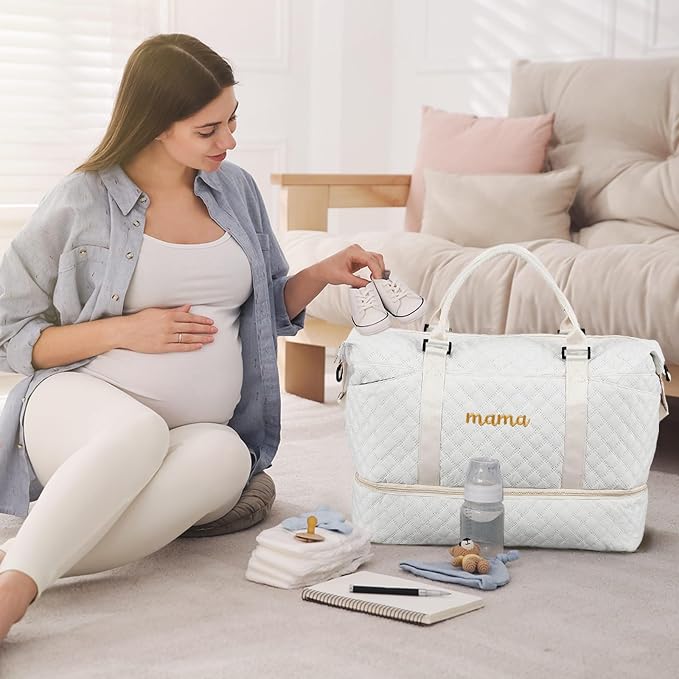 Dansydaisy Mama Hospital Bag for Women Labor Delivery Travel Duffle Bag with Shoe Compartment and Toiletry Pouch Waterproof Letter Embroidered for Pregnancy Weekend Overnight Gym Gift, White - Image 5
