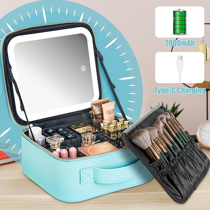 Extrei Gent Makeup Travel Train Case with Mirror LED Light 3 Adjustable Brightness Large Cosmetic Bag Portable Storage Adjustable Partition Waterproof Makeup Brushes Make up Jewelry Gift for Women - Image 2