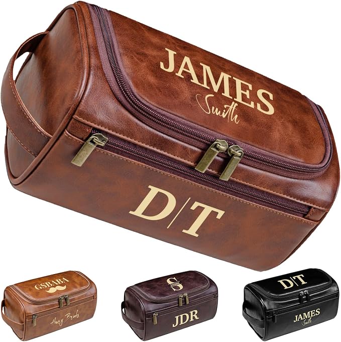 Personalized Leather Toiletry Bag, Brown, Three Layer Structure, Waterproof, Customizable Name Engraving, Travel Organizer for Men, Multi-Occasion Gift (UK1001) by Handmade