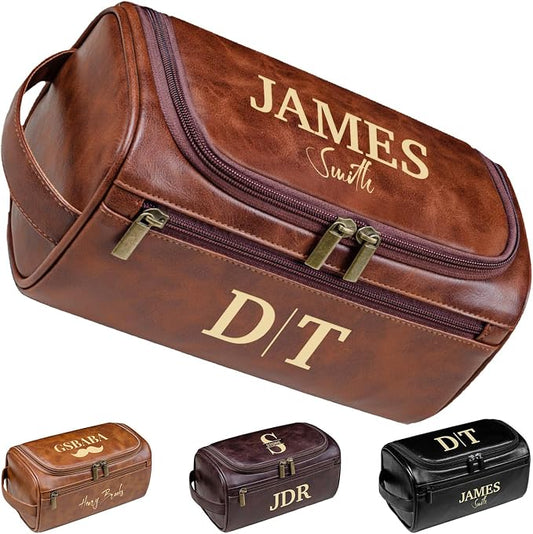 Personalized Leather Toiletry Bag, Brown, Three Layer Structure, Waterproof, Customizable Name Engraving, Travel Organizer for Men, Multi-Occasion Gift (UK1001) by Handmade