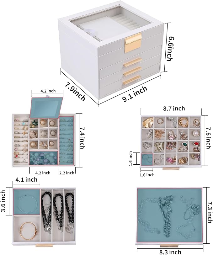 BOOVO Clear Lid Jewelry Box,3 Layers Jewelry Organizer Large Jewelry Storage Box with 2 Drawers,Jewelry Holder Organzier of Rings Earrings Necklace Bracelets for Women (White, 4 Layer) - Image 4