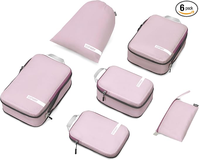 Cipway Compression Packing Cubes for Travel Ultralight Expandable Packing Organizers with Laundry & Toiletry Bag for Carry on Luggage (Mauve Pink 6 Set) by Cipway