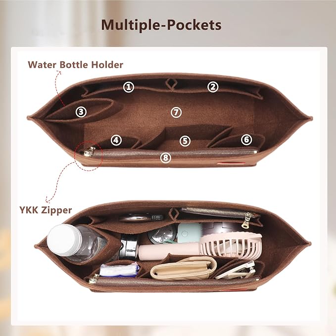 Purse Organizer Insert, Tote Bag Organizer Insert with Base Shaper,Felt Zipper Handbag Shaper Compatible with Neverfull MM Speedy 30 and More,Brown/L - Image 5