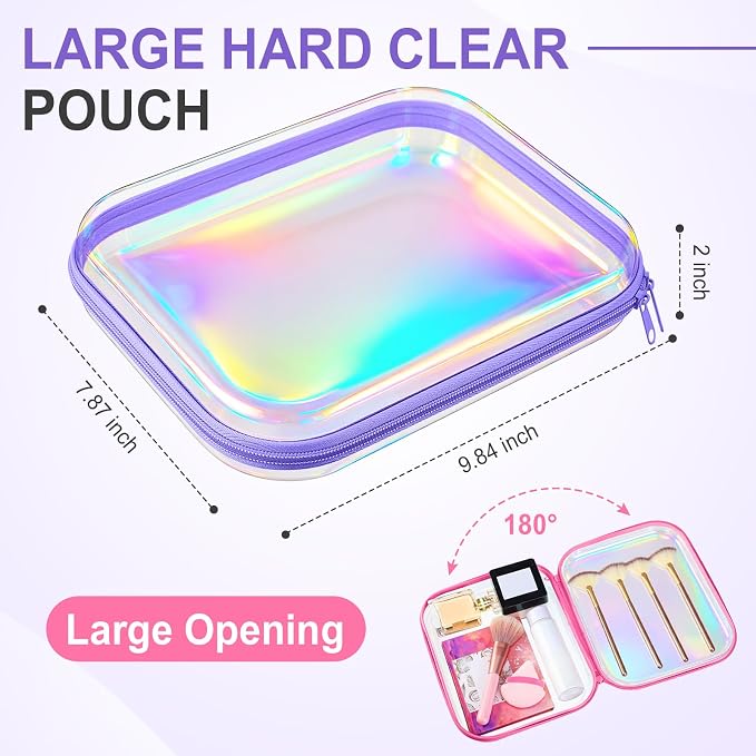 Sanwuta 6 Pcs Clear Hard Zipper Case Plastic Zipper Pouches Transparent Makeup Bag Pencil Case Pouches Toiletry Diaper Bag for Travel Toy Storage Organizer Bins(Holographic,9.84 x 7.87 x 2 Inch) - Image 2