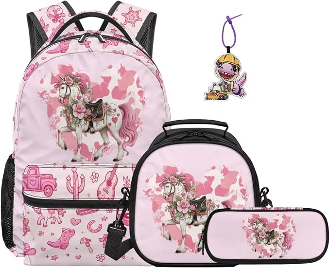 Floral Cowgirl Horse Girls Backpack Set 4-Piece, Waterproof Lightweight School Bag with Insulated Lunch Box & Pencil Case, Cute Western Bookbag Back to School by Dremagia