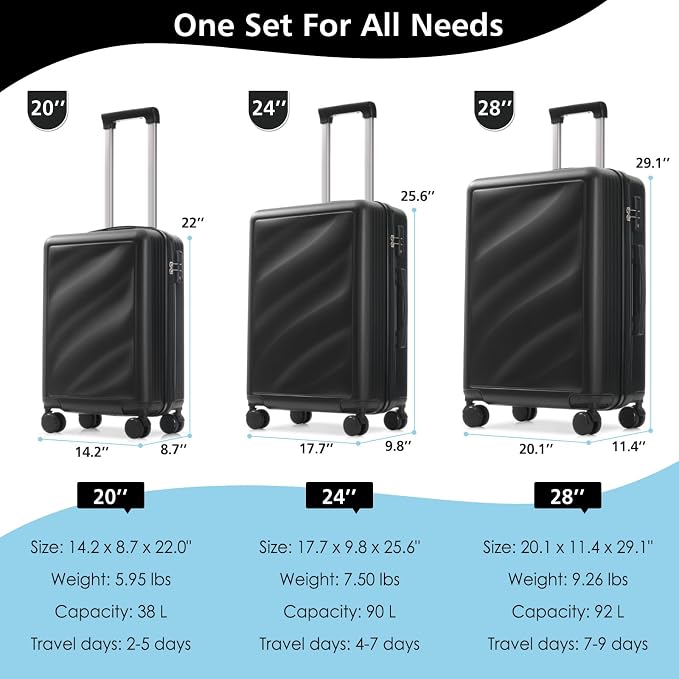 Hardshell Luggage Sets, Lightweight Stripes Suitcases with Spinner Wheels, Black1 - Image 2
