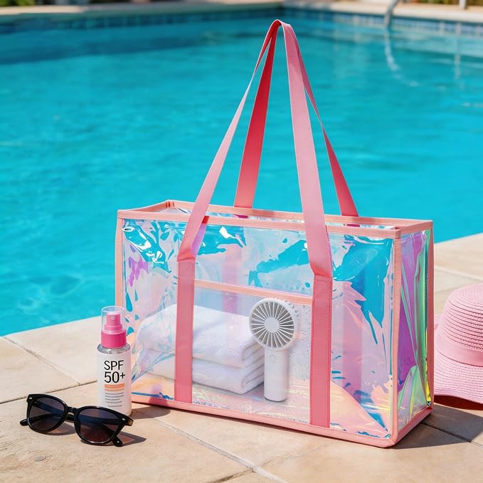 Iridescent Waterproof Beach Tote Bag for Women Large Jelly Tote Bag for Summer Travel Vacation Swim Pool - Image 3