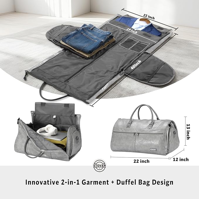 STOVER Garment Travel Duffle Bag, Large 2-in-1 Convertible Carry-on Luggage for Men & Women- Hanging Suits, Dresses & Clothes + Shoe Compartment- Weekender Tote Combo Duffel (Grey Leatherette) - Image 2