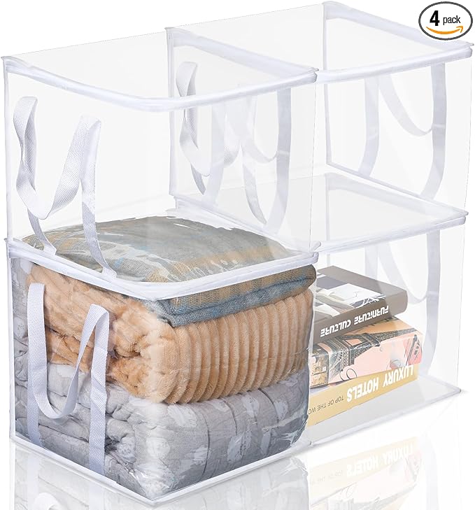 4 Pcs Clear Zippered Organizers 12''x12''x12'' Moving Bags with Reinforced Handles Heavy Duty Storage Cube Tote Storage Blanket Bags Bins for Clothes Moving Supplies Linens Shoes Closet Organizer by Windyun